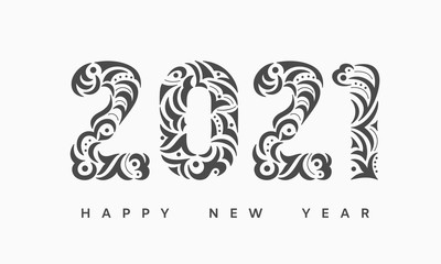 Fototapeta premium Happy 2021 new year greeting card. Openwork hand drawn numbers lettering 2021