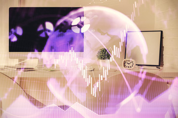 Multi exposure of stock market chart drawing and office interior background. Concept of financial analysis.