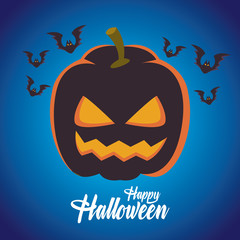 happy halloween card with bats flying and pumpkin