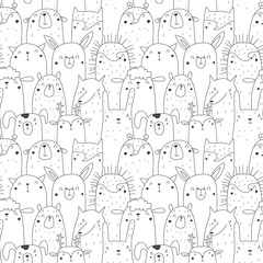 Seamless pattern with animals bear, Fox, ferret, cat, llama, hedgehog, wolf, hamster, sheep, deer, dog, hare. doodle style black line. Vector illustration