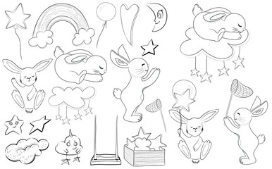 Cartoon vector cute bynnies coloring page. Fully editable. Cute winter nursery illustration on white background. Ready for print. Can be used for coloring book, sticker, poster, print, fabric, textile