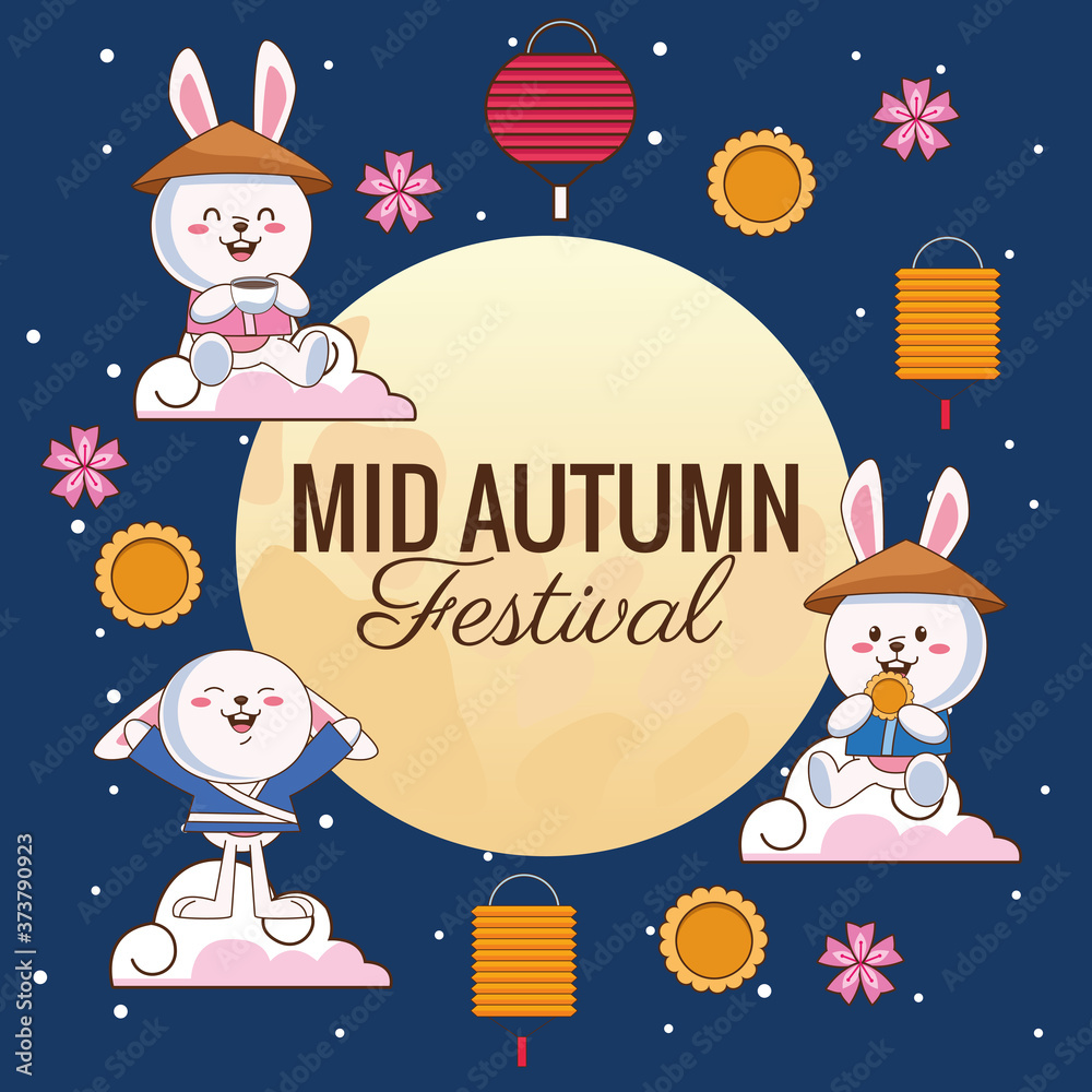 Sticker mid autumn celebration card with little rabbits and lanterns in moon