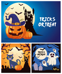 halloween tricks or treat lettering with castle and ghosts floating scenes