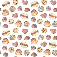 Seamless pattern with cookies and pastries painted in watercolors on a white isolated background. Perfect for wrapping paper, birthday parties, Valentine's Day and cafe design. 