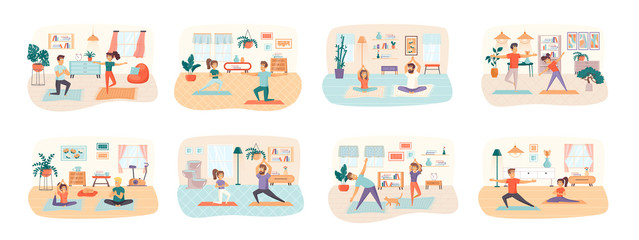 Yoga bundle of scenes with flat people characters. Family couple together practicing yoga at home conceptual situations. Calmness and relax, sports activities and wellness cartoon vector illustration
