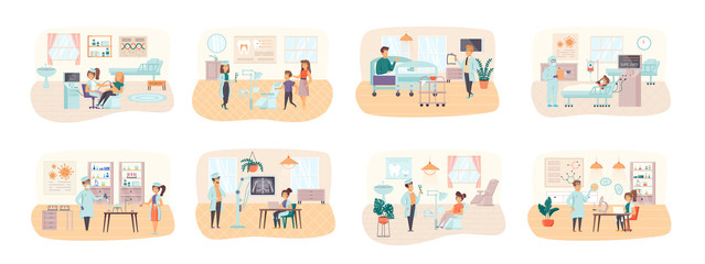 Medical care bundle of scenes with people characters. Laboratory research, diagnosis and treatment in clinic conceptual situations. Healthcare, reanimation and medicine cartoon vector illustration.