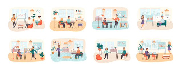 Obraz premium Office manager bundle of scenes with people characters. Colegues comunication and cooperation at workplace conceptual situations. Partnership and team management in office cartoon vector illustration.
