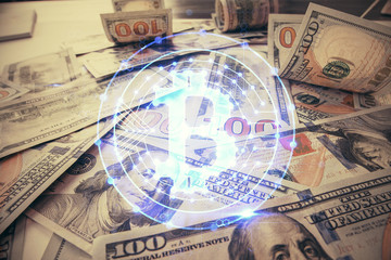 Multi exposure of crypto theme drawing over us dollars bill background. Concept of blockchain success.
