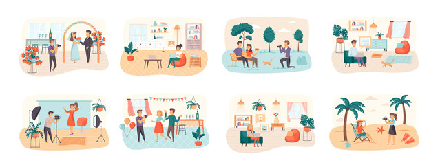 Designers and photographers bundle of scenes with people characters. Professional photography of festive events conceptual situations. Digital designer work with laptop cartoon vector illustration.