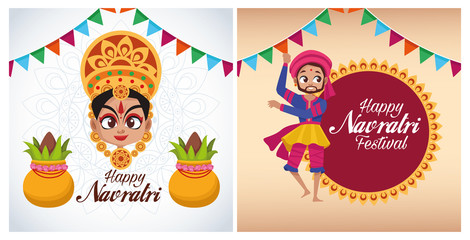 happy navratri celebration card letterings with goddess and man dancing