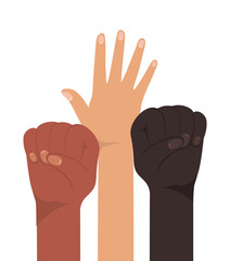 fist sign and open hands up of different types of skins design, diversity people multiethnic race and community theme Vector illustration