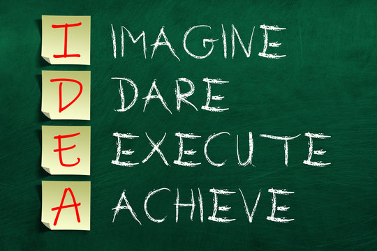 IDEA acronym on blackboard, imagine, dare, execute, achieve