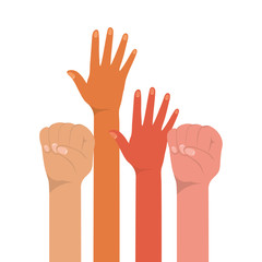 fist sign and open hands up of different types of skins design, diversity people multiethnic race and community theme Vector illustration