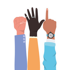 fist number one sign and open hands up of different types of skins design, diversity people multiethnic race and community theme Vector illustration