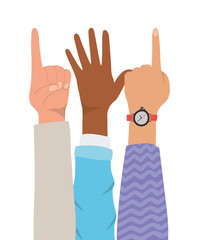 number one sign and open hands up of different types of skins design, diversity people multiethnic race and community theme Vector illustration