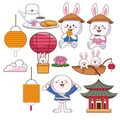 mid autumn celebration card with little rabbits and set icons
