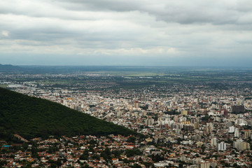 South America cities. Aerial view of the town Salta at the foot of the mountain. 