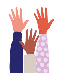 open hands up of different types of skins design, diversity people multiethnic race and community theme Vector illustration