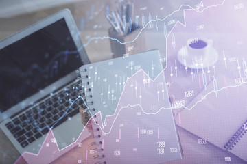 Double exposure of businesswoman hands typing on computer and forex chart hologram drawing. Financial analysis concept.