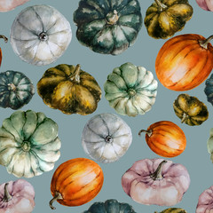 Seamless pattern with watercolor different pumpkins.