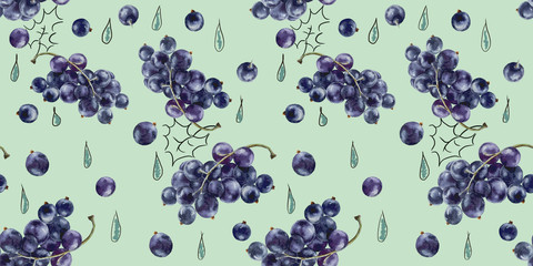 Seamless watercolor pattern with blackcurrant and lineart raindrops.