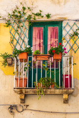 Italy, Sicily, Trapani Province, Trapani. Balcony with flowers in pots in the village of Trapani. - obrazy, fototapety, plakaty