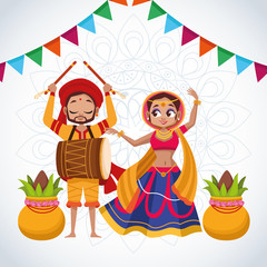 Obraz na płótnie Canvas happy navratri celebration card couple dancing and playing drum with garlands