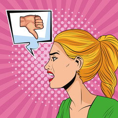 young woman with speech bubble and hand bag symbol pop art style