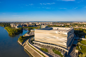 Naklejka premium Hungary - Budapest - Duna Arena drone view with Danube river