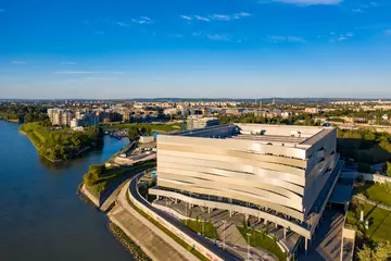 Foto auf Acrylglas Hungary - Budapest - Duna Arena drone view with Danube river © SAndor