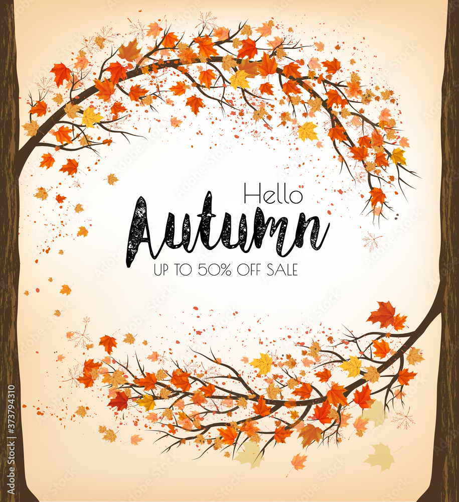 Poster enjoy autumn sale background with trees and colorful leaves. vector