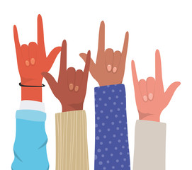 rock sign with hands of different types of skins design, diversity people multiethnic race and community theme Vector illustration