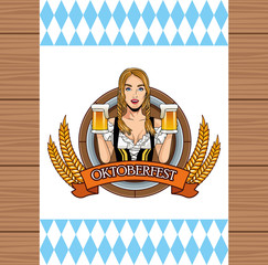 happy oktoberfest celebration card with beautiful woman drinking beers in frame