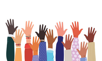 open hands up of different types of skins design, diversity people multiethnic race and community theme Vector illustration - obrazy, fototapety, plakaty