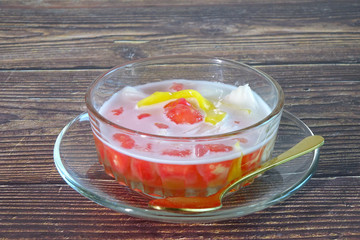 Thai dessert :  Crispy water chestnut in syrup with coconut milk or Tab Tim Grob