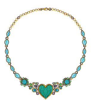 Jewelry design modern art mix heart turquoise necklace. Hand drawing and painting on paper