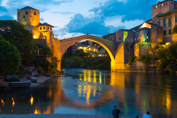 Night view of Stari Most (Old Bridge) over Neretva River, UNESCO World Heritage Site, Mostar, Bosnia and Herzegovina