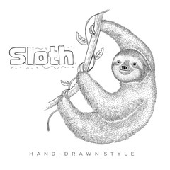 vector of sloth climbing a tree. hand drawn animal illustration © aritha