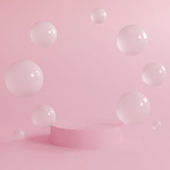 Abstract minimal scene with geometrical forms. Cylinder podiums in cream pink colors. Abstract background. Scene to show cosmetic podructs. Showcase, display case. 3d render.