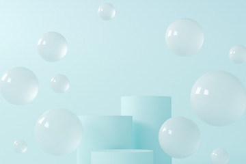 Abstract scene with geometric forms. Cylinder podium, stand on pastel light, blue background with flying balls, spheres. Stage pedestal or platform. Stylish trendy 3D render