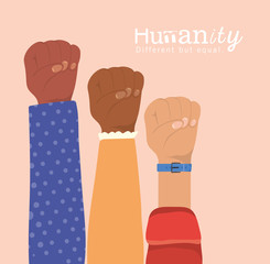 humanity different but equal and diversity fists hands up design, people multiethnic race and community theme Vector illustration