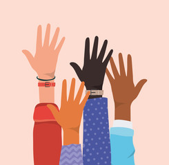 open hands up of different types of skins design, diversity people multiethnic race and community theme Vector illustration