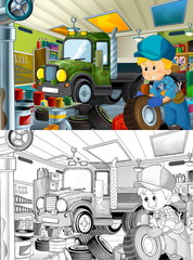 cartoon scene repairman in some garage working repairing car illustration