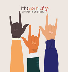 humanity different but equal and diversity rock hands up design, people multiethnic race and community theme Vector illustration