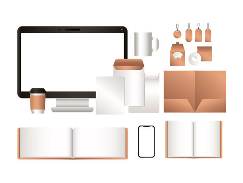 mockup computer file notebooks and smartphone of corporate identity and stationery design theme Vector illustration