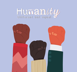 humanity different but equal and diversity fists hands up design, people multiethnic race and community theme Vector illustration