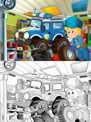 cartoon scene repairman in some garage working repairing car illustration