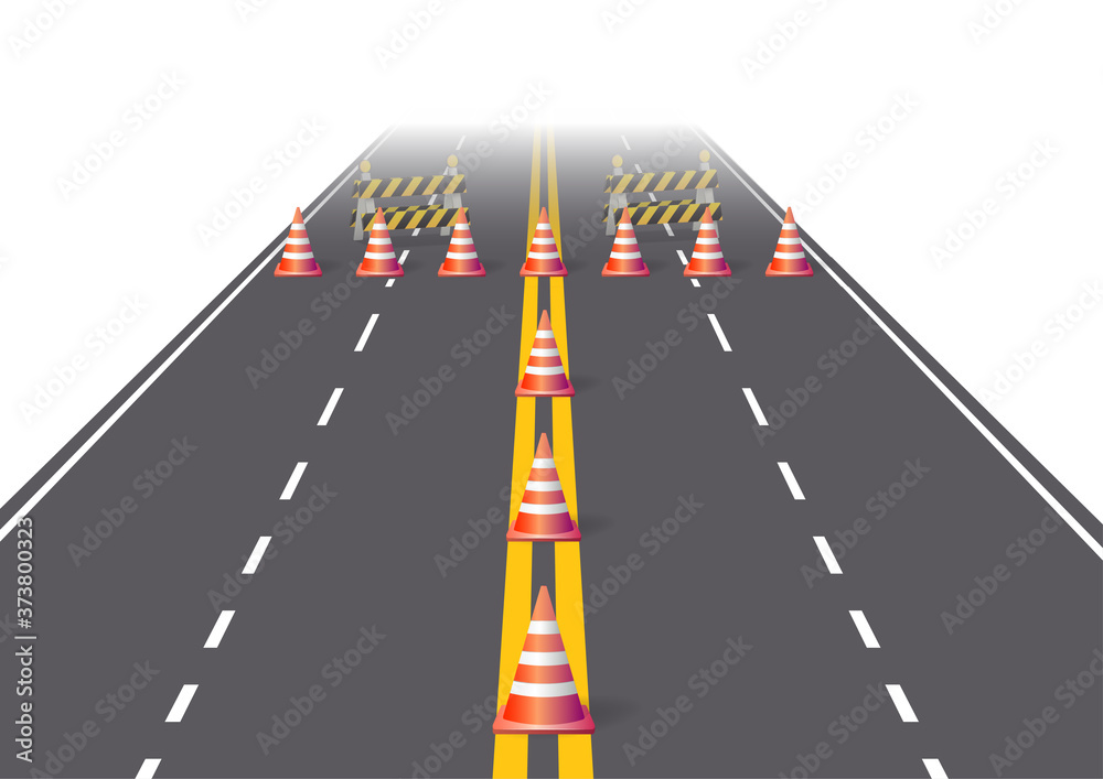 Wall mural asphalt road with cones and construction sign.