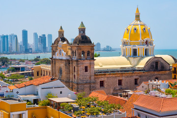 Iglesia de San Pedro Claver in the old town, high-rises of the new city in the background, Cartagena, UNESCO World Heritage Site, Bolivar Department, Colombia - obrazy, fototapety, plakaty