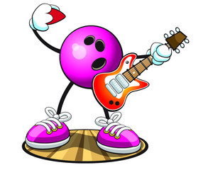 Bowling ball character rocking a guitar